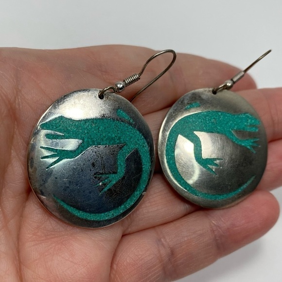 Alpaca Mexico Earrings Dangles Artisan Vintage Lizard Inlaid Turquoise - Picture 6 of 11